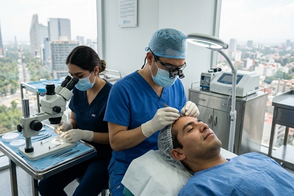 Cirugías estéticas - Médico tricólogo realizando un trasplante capilar a un hombre con alopecia en la mejor clínica injerto de cabello CDMX