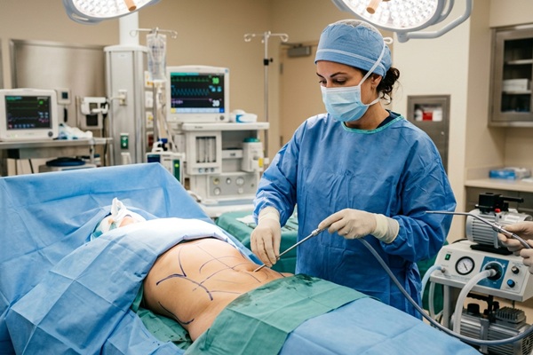 Cirugías estéticas - Médico estético realizando una cirugía estética de lipoescultura a una mujer para eliminar grasa localizada en el abdomen