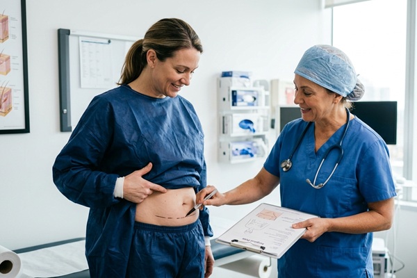 Cirugías estéticas - Médico estético realizando el diseño de la cirugía estética de abdominoplastia a una mujer en CDMX