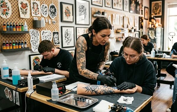 Cursos de tatuaje - Tatuadora realizando un curso de tatuaje para principiantes en México