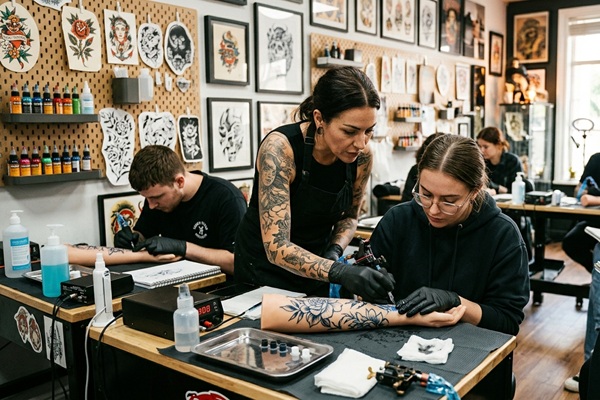 Cursos de tatuaje - Tatuadora realizando un curso de tatuaje para principiantes en México