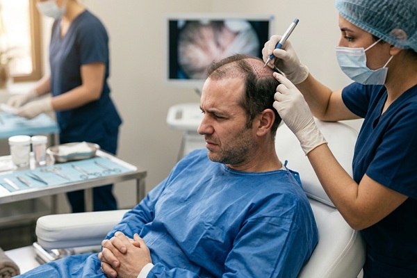 Trasplante de cabello - Cirujano capilar realizando una operación de trasplante de cabello a un hombre con alopecia avanzada