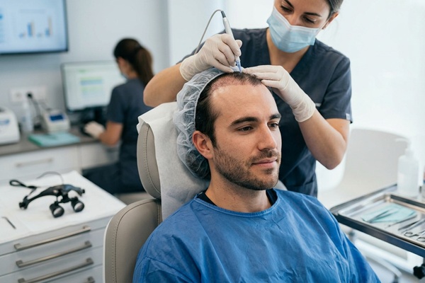 Cirujana capilar realizando un implante capilar a un hombre con alopecia usando el método DHI
