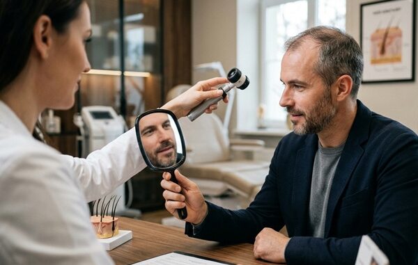 Técnicas de injerto capilar - Tricóloga evaluando a un hombre con alopecia androgénica para un injerto de cabello CDMX