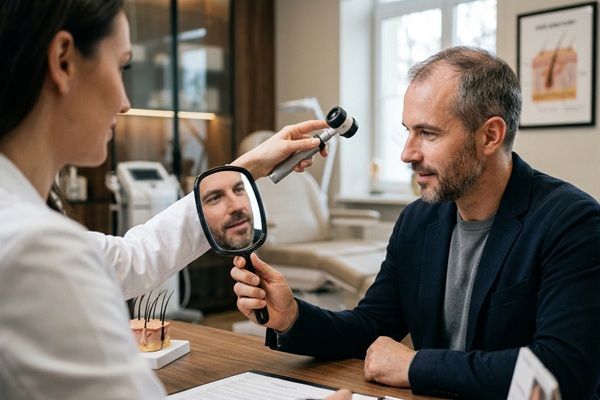 Técnicas de injerto capilar - Tricóloga evaluando a un hombre con alopecia androgénica para un injerto de cabello CDMX