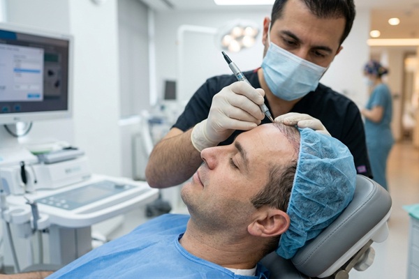 Técnicas de injerto capilar - Médico tricólogo realizando un implante cabello con la técnica DHI en México