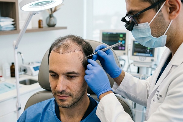 Tricólogo realizando un implante de cabello sintético a un hombre con alopecia avanzada en CDMX