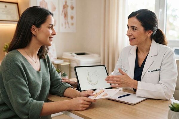Mujer en consulta de medicina estética para conocer más sobre el proceso de la mastopexia