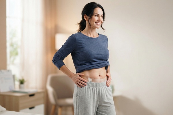 Mujer feliz con los resultados de la abdominoplastia