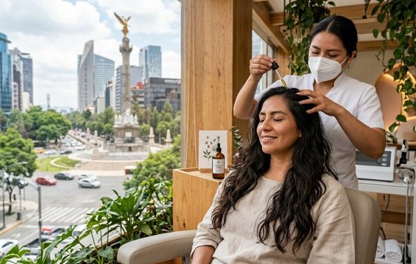 Crecimiento del cabello - Especialista aplicando un tratamiento de vitaminas para el crecimiento del cabello de una mujer en CDMX