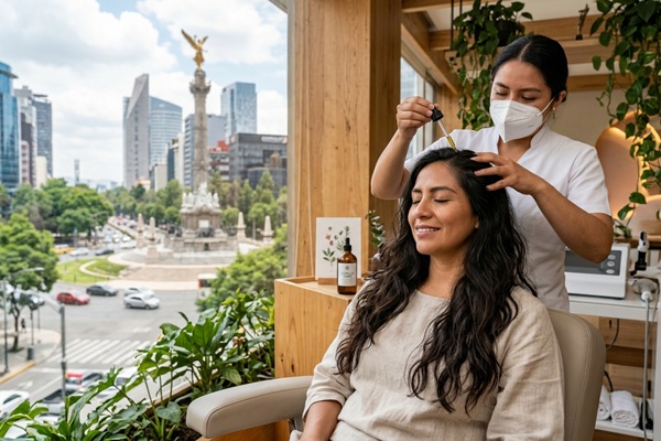 Crecimiento del cabello - Especialista aplicando un tratamiento de vitaminas para el crecimiento del cabello de una mujer en CDMX