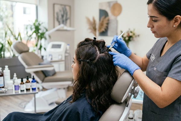 Crecimiento del cabello - Tricóloga aplicando un tratamiento de mesoterapia capilar a una mujer que busca cómo hacer crecer el cabello