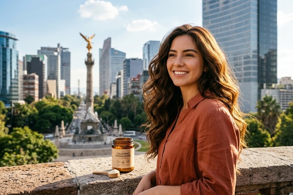 Crecimiento del cabello - Mujer feliz con el pelo abundante gracias al suplemento de colágeno hidrolizado con vitaminas para el crecimiento del cabello