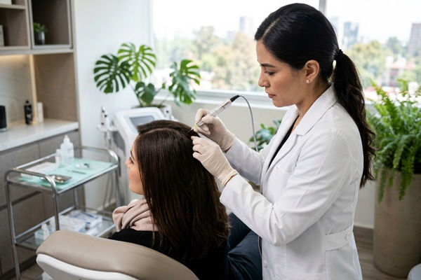 Crecimiento del cabello - Tricóloga aplicando carboxiterapia capilar a una mujer para estimular el crecimiento del cabello