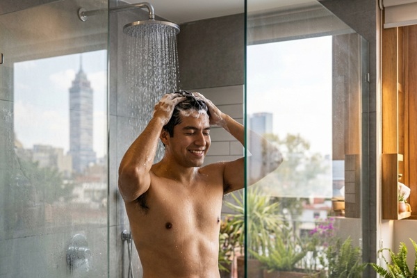 Hombre lavando su pelo con un champú estimulante capilar que fortalece y nutre la hebra capilar