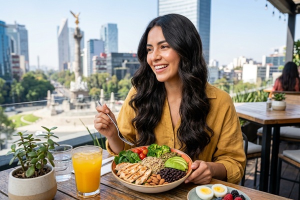 Mujer comiendo proteínas y nutrientes esenciales que ayudan a fortalecer el pelo