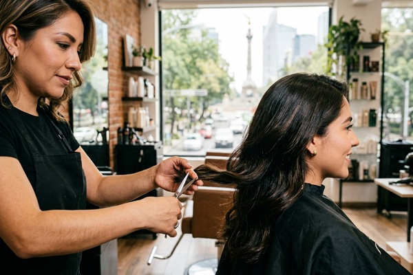 Estilista realizando un corte de puntas al pelo de una mujer para estimular el crecimiento capilar